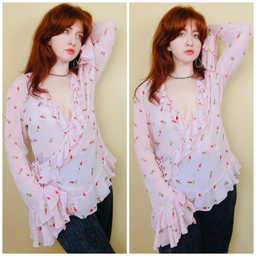 Y2K Moda Int'l Pink Silk Wrap Top / Vintage Rosebud Semi Sheer Floral Ruffled Blouse / XL 