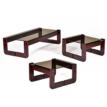 Percival Lafer Smoked Glass Top Rosewood Base 3-Piece End Table Coffee Table Set 