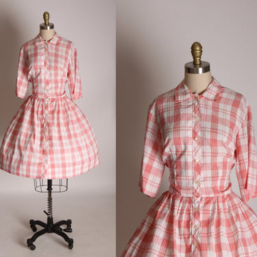 1950s 1960s Red and White Gingham Half Sleeve Button Up Cottagecore Prairie Western Dress by Country Miss -M 