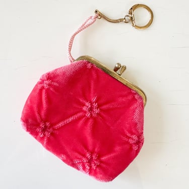 Vintage 1960s Hot Pink Velvet Coin Pouch Keychain 