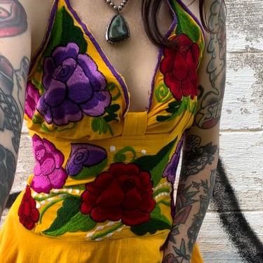 Yellow Floral Embroidered Mexican Halter Dress