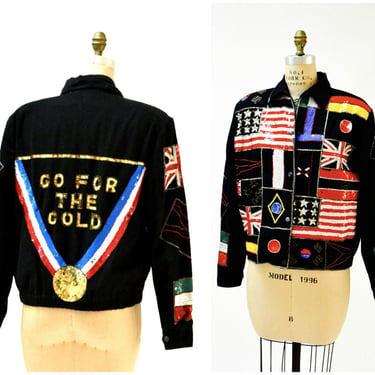 Vintage Sequin Jacket American Olympic Flag USA Large By Modi// Vintage Sequin Bomber Jacket Olympics Australia England USA America Pop Art 