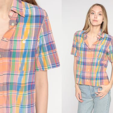 Plaid Blouse Y2K Ralph Lauren Button Up Shirt Retro Checkered Short Sleeve Top Preppy Hipster Collared Vintage 00s Cotton Extra Small xs 
