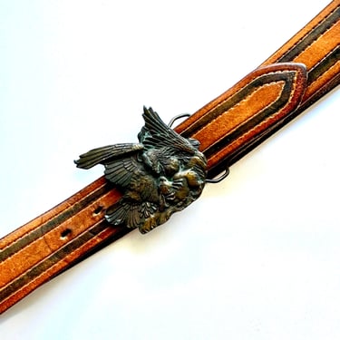 Vintage 70s Eagle Brass Buckle Hippie Boho 1970s Leather Belt // Brown Large Animal Buckle 