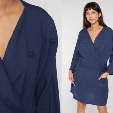 80s Mini Dress Navy Blue Wrap Dress Pocket V Neck Long Sleeve Dress 1980s Vintage Shift Retro Secretary Plain Low Waist Extra Large xl 