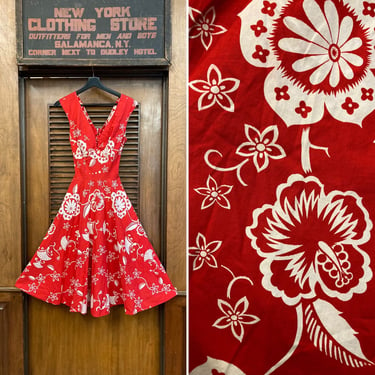 Vintage 1950’s Kamehameha Label Cotton Floral Tiki Halter Hawaiian Dress, Vintage 1950’s Dress, Kamehameha Label, Hawaiian Dress, Tiki Dress 