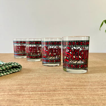 Vintage Houze Seasons Greetings Double Old Fashioned Glasses - Holiday Barware 