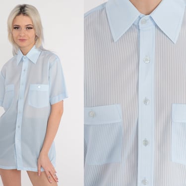 Baby Blue Shirt 70s Button Up Shirt Semi-Sheer Striped Retro Preppy Collared Top Basic Simple Pastel Short Sleeve Vintage 1970s Mens Small S 