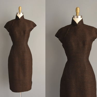1950s vintage dress | Chocolate Brown Cheongsam Wiggle Dress | Small | 50s dress 
