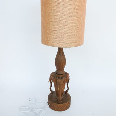 Wood Carved Elephant Base Table Lamp with Shade 