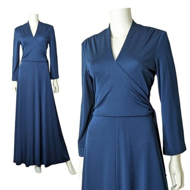Vintage Navy Blue Hostess Dress, Medium Large / Sweeping Cocktail Party Dress / 1970s Glam Era Long Sleeve Maxi Hostess Gown 