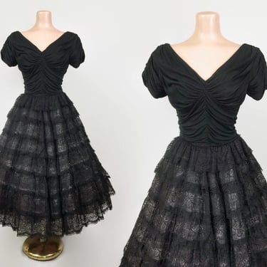 VINTAGE 50s Black Tiered Lace Draped Jersey Cupcake Party Dress | 1950s Gothic Princess Prom Dress | Black Wedding Full Sweep Formal Gown 