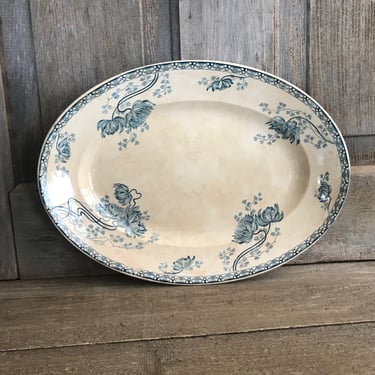 French Faïence Platter, Floral Indigo, Opaque Ironstone, Sarreguemines, Floral Pattern, Tea Stained 