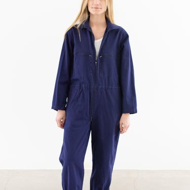 Vintage Navy Blue Jumpsuit | Zipper Herringbone Twill Cotton Coverall Mechanic Suit Boilersuit Onesie | M | COV34 