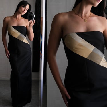 Vintage 90s Richard Tyler Couture Black Silk Corset Seamless Gown w/ Colorblock Stripe | 100% Silk | Made in USA | 1990s Designer Silk Dress 