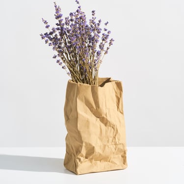 Vintage Ceramic Paper Bag Vase // Trompe L’oeil Pop Art Sculpture // Neutral Toned Pottery Flower Vessel 