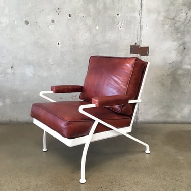Custom Made Steel Atomic Style Arm Chair in Burgundy Leather
