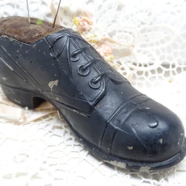 Antique 1800's Victorian Shoe Pin Cushion,  Black Metal with Velvet Cushion 