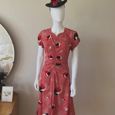 West Chester Etiquette - Vintage 1930s Mint Red Silk Patterned Day Dress - S 
