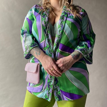 Vintage Pucci Inspired Jacket / Vintage Green and Purple Bed Jacket / Vintage Lingerie Jacket / Vintage Lightweight Psychedelic Print Jacket 