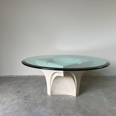80' S Postmodern Sculptural Plaster Coffee Table W/ Glass Top 