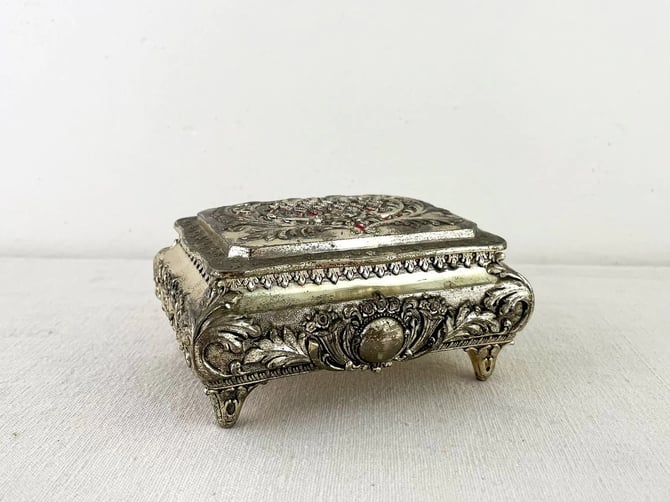 Ornate Silverplated Velvet Lined Box, Small Vintage Jewelry Box, Footed Metal Box with Hinged Lid, Trinket Box 