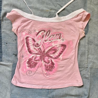Vintage Y2k Early 2000s Pink Butterfly Sparkle Glam Top USA Made Small by TimeBa