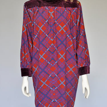 vintage 70s YSL plaid winter fall dress with velvet details S-L 