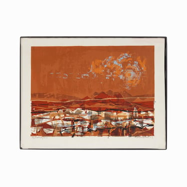 1969 Serigraph on Paper Abstract Print Orange Vintage Mid Century Modern 