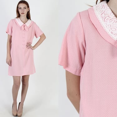 60s Pink Swiss Dot Dress / Vintage Loose Fitting A Line Shape / Cupcake Bridal Day Party Mini Dress 