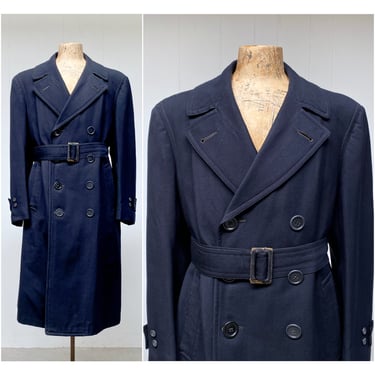 Vintage Genuine WW2 US Navy Officers Topcoat, USN Black Wool Overcoat, Double Breasted Military Trench Coat, 42