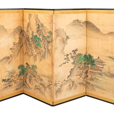 Japanese Ink and Watercolor 4-Panel Floor Screen