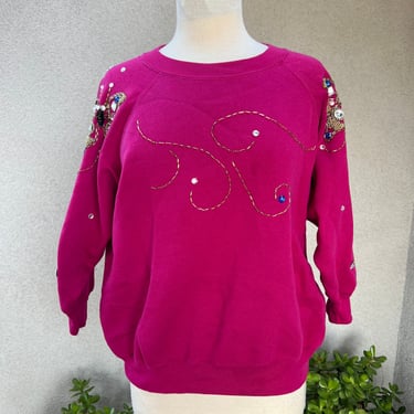 Vintage raspberry pink top sweatshirt with embellishments butterfly beads sequins floral Medium Eminent 