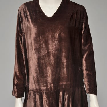 vintage antique 1920s brown silk velvet drop waist dress w/ ruffles XS-M 