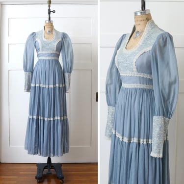 vintage 1970s blue Gunne Sax dress • long puff sleeve tie waist lace & sheer cotton bohemian dress 