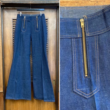 Vintage 1970’s -Deadstock- w30 Mega Flare Mod Glam Disco Dark Denim Jeans, Bell Bottoms, Zipper Detail, 70’s Vintage Clothing 