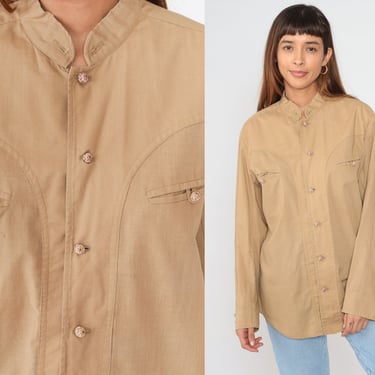 Tan Button up Shirt 90s Light Brown Shirt Long Sleeve Chest Pocket Plain Simple Basic Oxford Lightweight Retro Cotton Vintage 1990s Medium M 