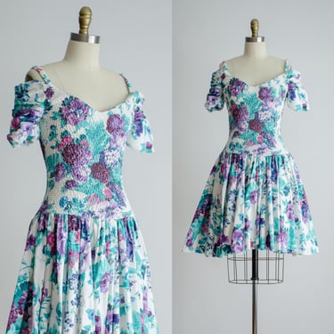 cute cottagecore dress 80s vintage white purple off shoulder fit and flare mini dress 