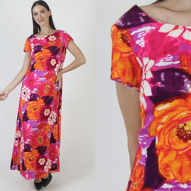 Jeanne Honolulu Barkcloth Dress, Vintage Hawaii Tiki Sundress, Womens Luau Party Maxi Gown 