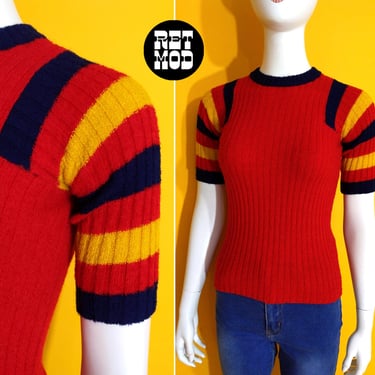 So Cool Vintage 60s 70s Red Navy Mustard Stripe Short Sleeve Ribbed Sweater Top 