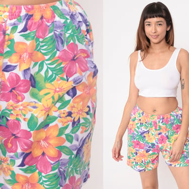 Tropical Floral Shorts 90s Bright Flower Leaf Print Shorts Summer High Elastic Waisted Baggy Mid Length Vintage 1990s Small Medium xs 