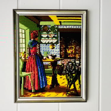 Vintage cross stitch, rustic kitchen hearth scene needlepoint in wood frame, vintage home decor, handmade wall hanging, vivid colours 