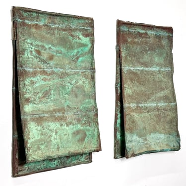Pair of Abstract Verdigris Copper Wall Panel Relief Sculptures by Eugene Sturman 1970s Vintage Mid Century Modern 