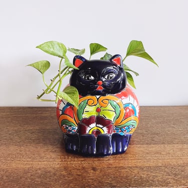 Vintage Mexican Talavera Ceramic Cat Planter 