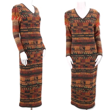 90s ROMEO GIGLI rare sweater dress / vintage 1990s tribal folk print sheath 46 L 