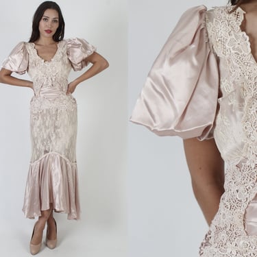 Cachet Dress by Bari Protas, Shiny Victorian Style Taupe Lace, Pearl Trim Hilo Fishtail Wedding Gown 