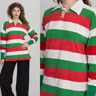 60s 70s Striped Knit Athletic Shirt - Men's Medium, Women's Large | Vintage Long Sleeve Collared Lace Up Rugby Jersey Top 