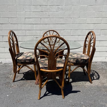 6pc Rattan Dining Set Faux Bamboo Chairs Table Hollywood Regency Chinese Chippendale Coastal Bohemian Boho Chic Wood Vintage Kitchen Wicker 