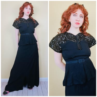 1940s Vintage Black Crepe Maxi Evening Gown / 40s Peplum Waist Belted Sequin Beaded Cocktail Dress / Size Large 