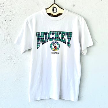 Vintage 90s Plaid Mickey Mouse Tshirt Embroidered 1990s Disney White Florida T Shirt 